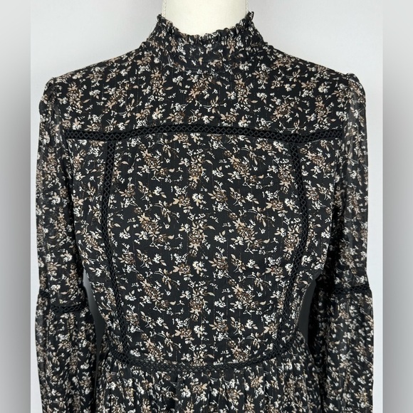 Aqua Ditsy Floral Black Dress Ruffle High Neck Embroidery Small Whimsigoth Boho - Picture 5 of 16